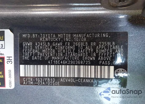 2009 Toyota Camry Le z USA, uszkodzony, nr VIN 4T1BE46K29U368725